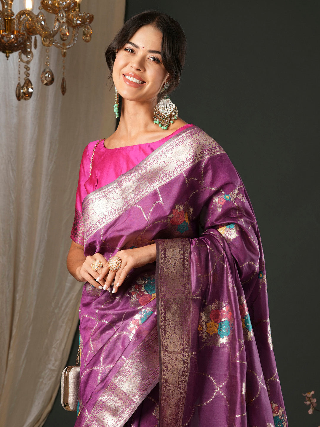 Women's Organza Pink Woven Design Designer Saree With Blouse Piece