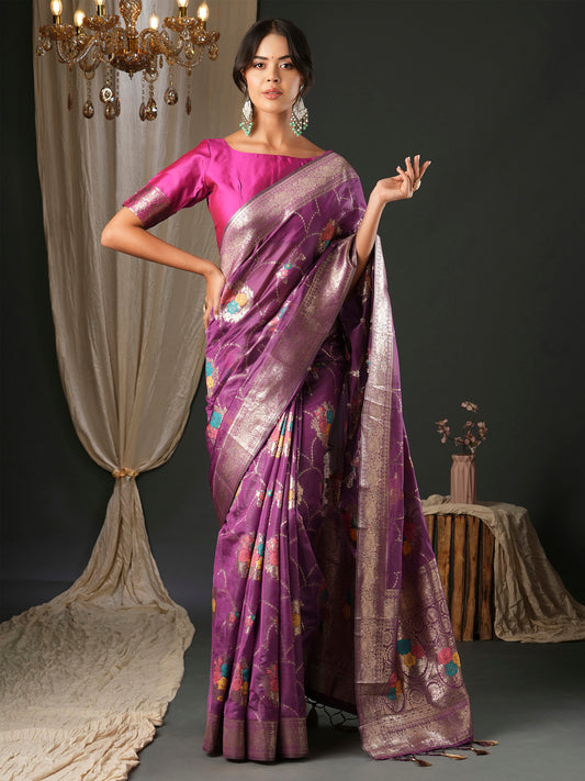 Women's Organza Pink Woven Design Designer Saree With Blouse Piece