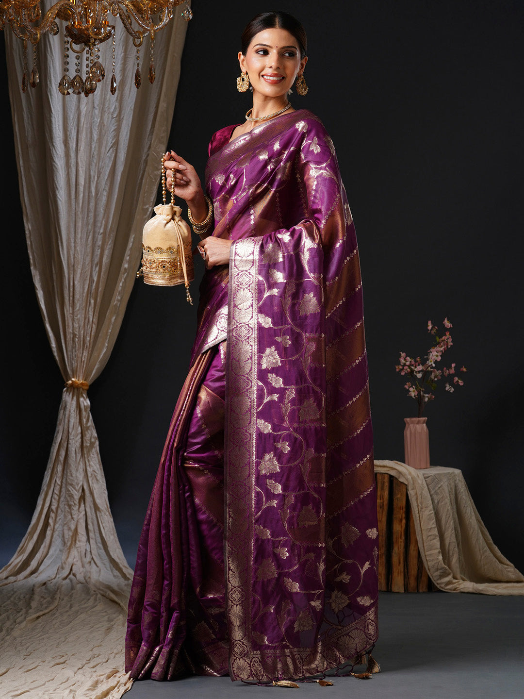 Women's Organza Pink Woven Design Designer Saree With Blouse Piece