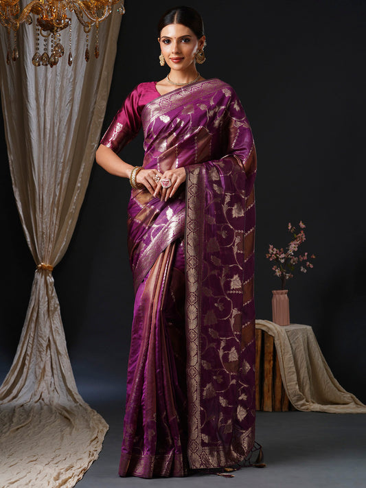 Women's Organza Pink Woven Design Designer Saree With Blouse Piece