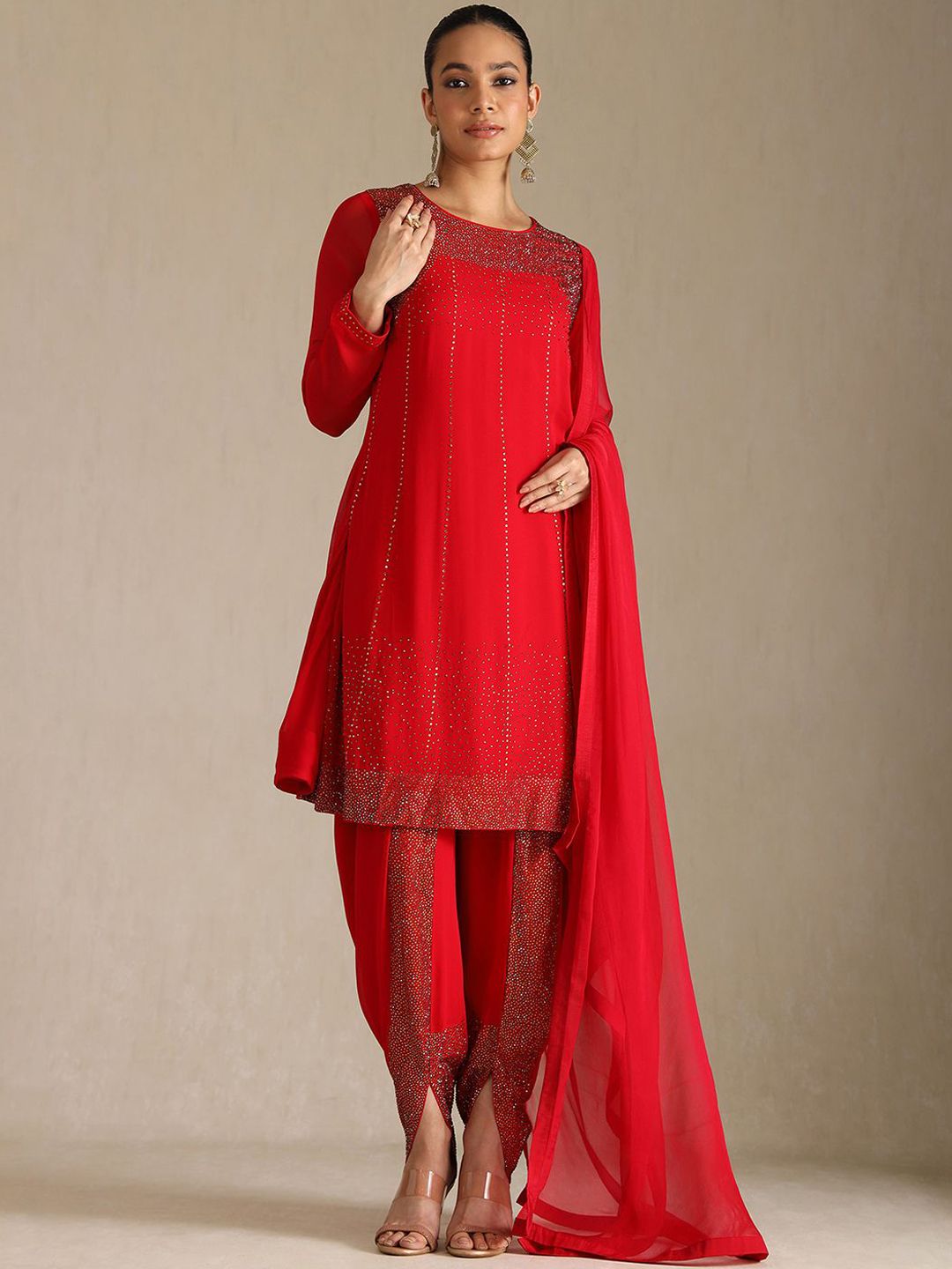 Dhiyona SO Women's Embroidered Beads and Stones Straight Kurta with Dhoti Pants & Dupatta