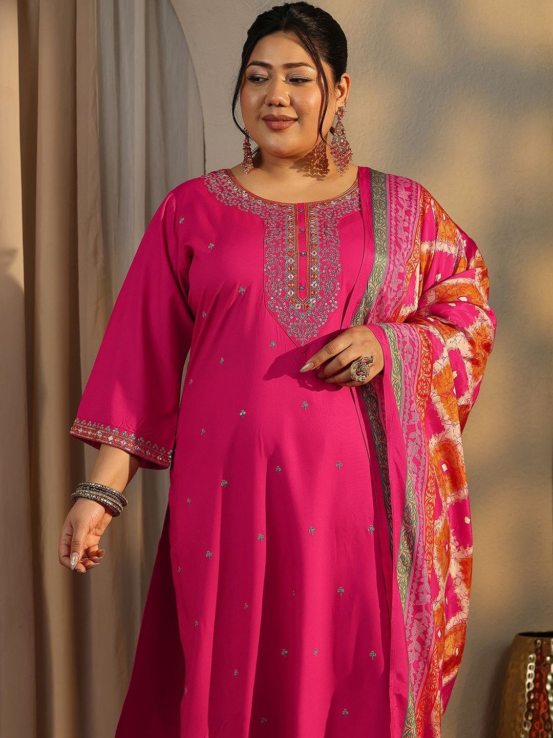 Dhiyona Women's Plus Size Ethnic Motifs Embroidered Kurta with Palazzo & Dupatta