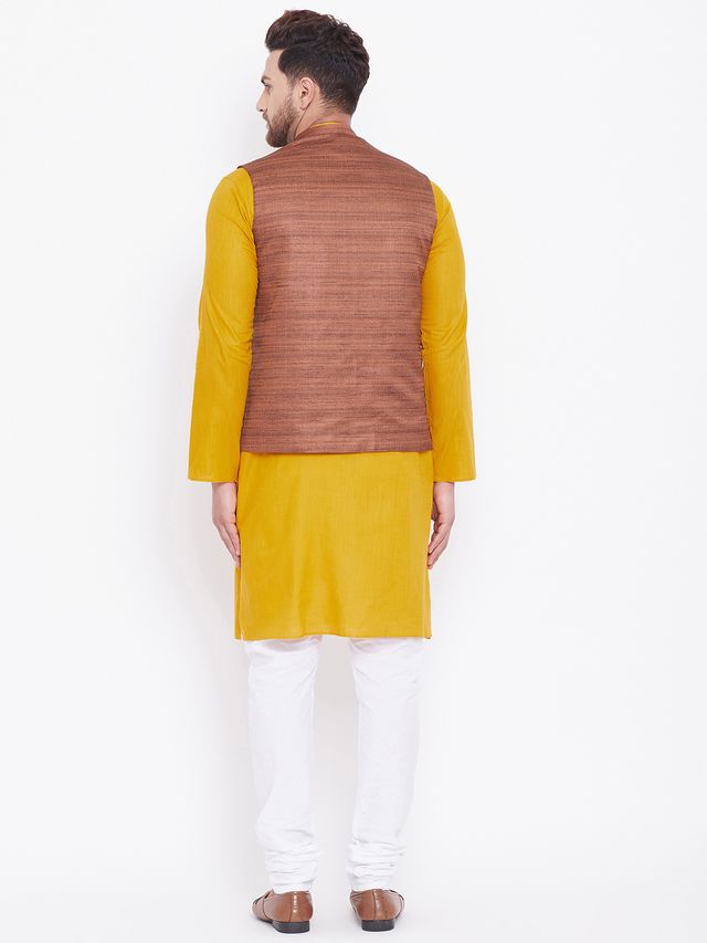 Men's Mustard Cotton Blend Straight Jacket Kurta and Pyjama Set