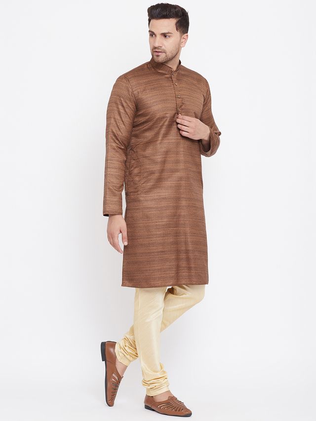 Men's Coffee Brown Silk Blend Straight Kurta Pyjama Set