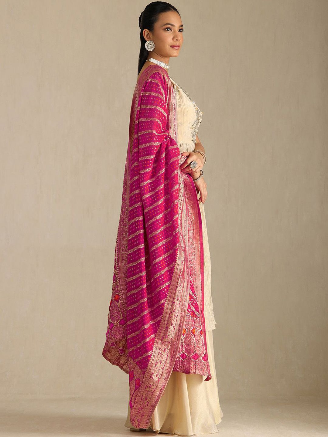Dhiyona SO Women's Floral Woven Design Sequinned Pleated Anarkali Tissue Kurta With Palazzos & Dupatta