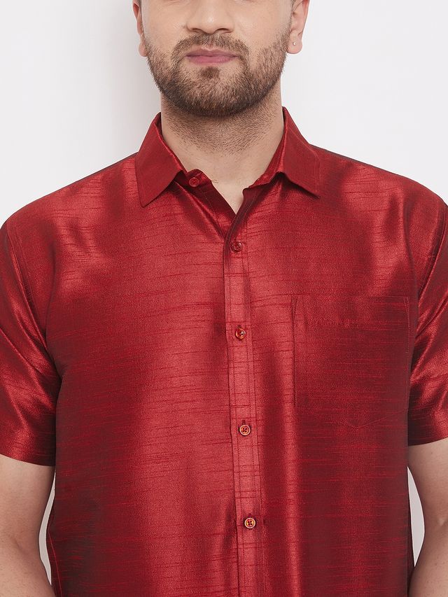 Men's Maroon Silk Blend Straight Shirt And Mundu