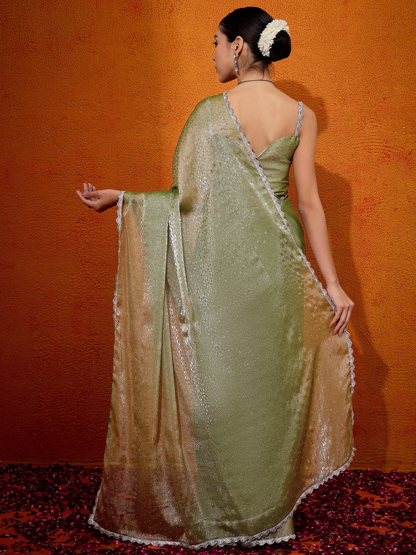 Women's Organza Olive Embellished Designer Saree With Blouse Piece