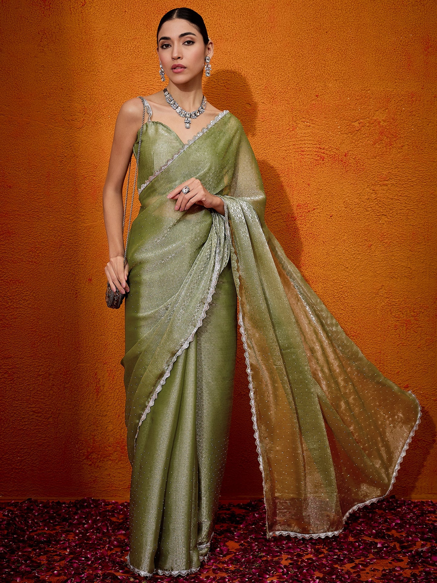 Women's Organza Olive Embellished Designer Saree With Blouse Piece