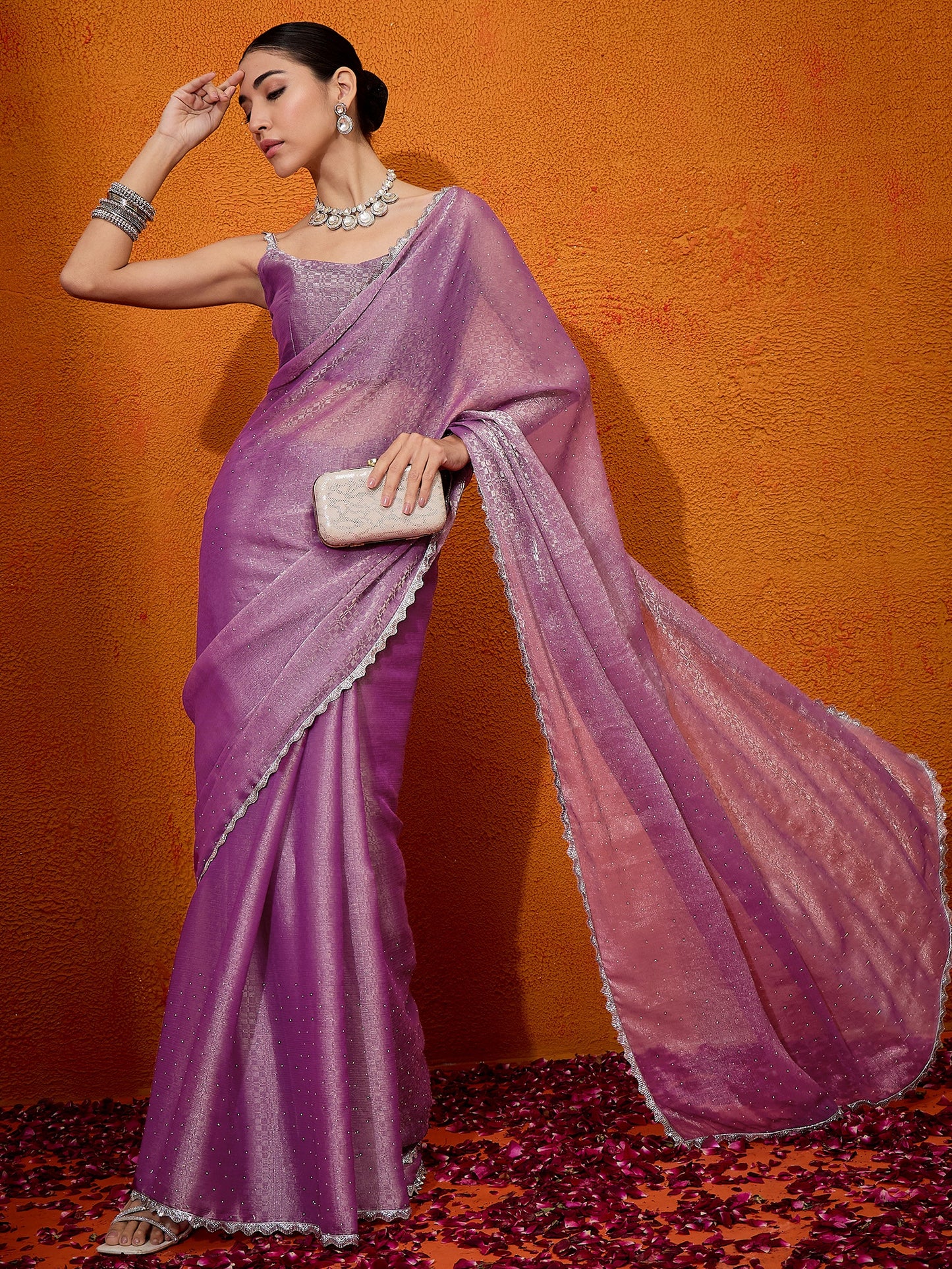 Women's Organza Mauve Embellished Designer Saree With Blouse Piece