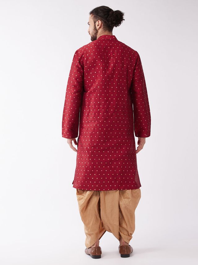 Men's Maroon Silk Blend Straight Kurta and Dhoti Set
