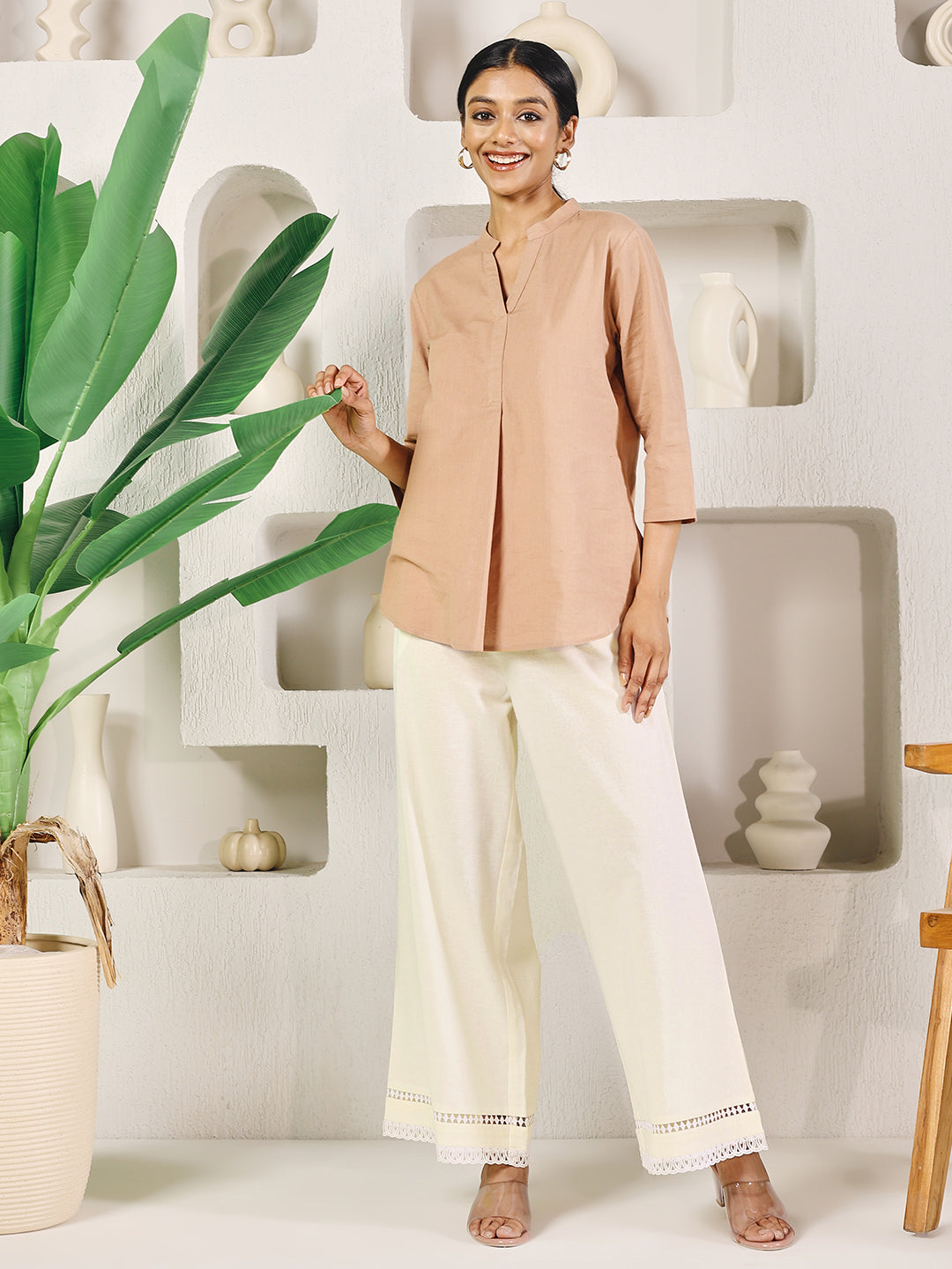 Dhiyona FL Women's Off-White Cotton Solid Palazzo