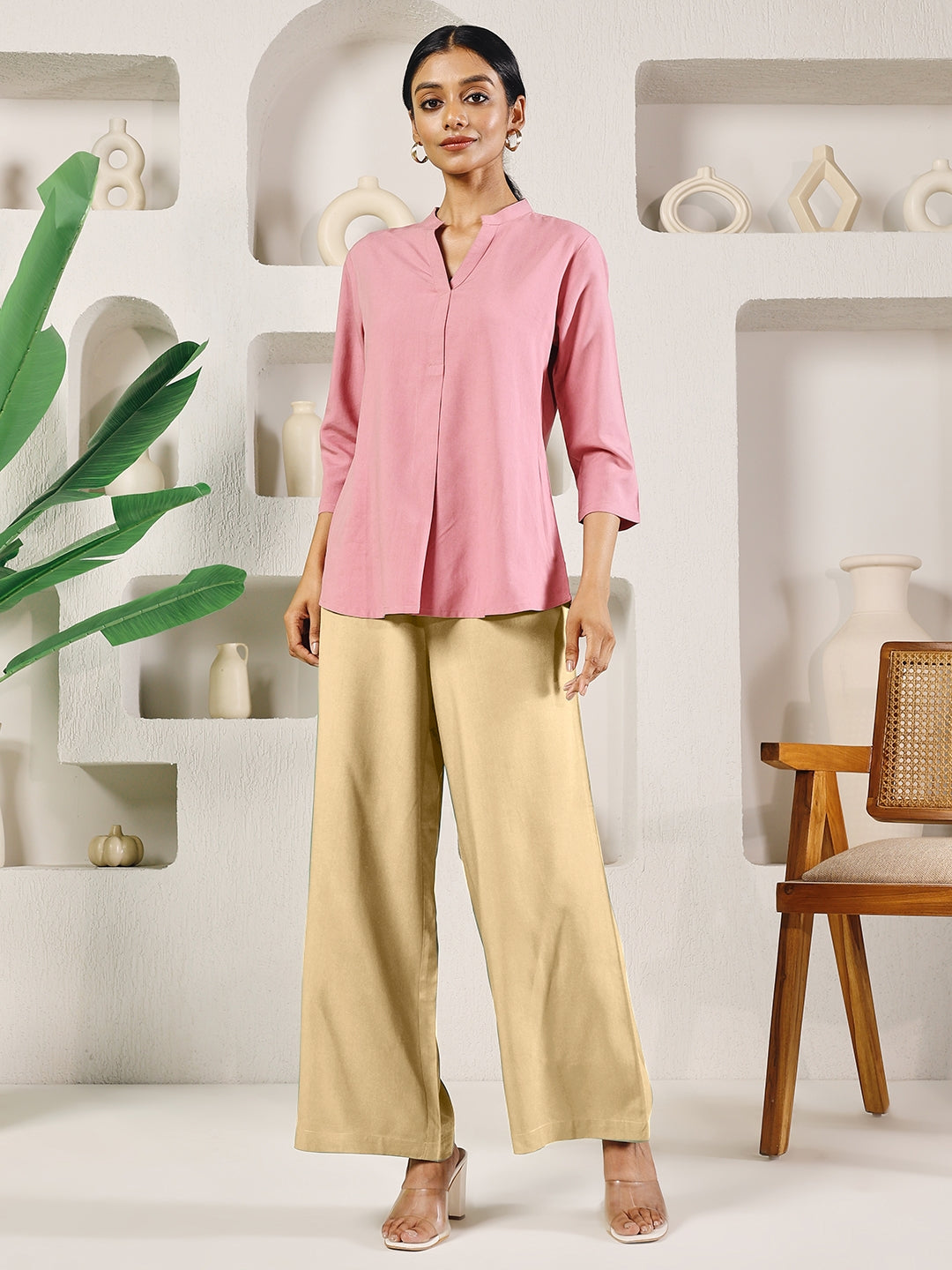 Dhiyona FL Women's Beige Solid Rayon Straight Palazzo