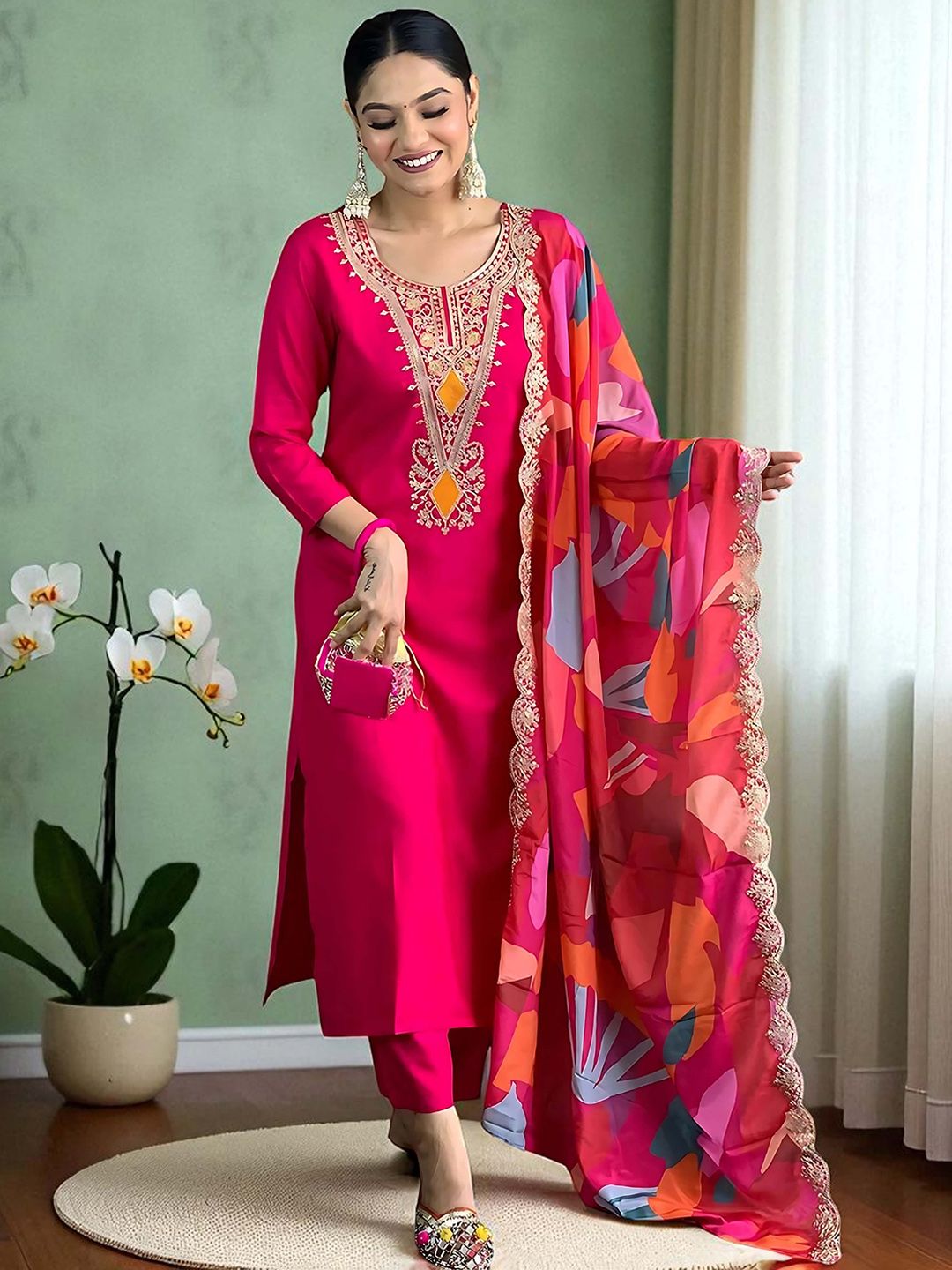 Dhiyona SN Women's Embroidered Calf Length Regular Straight Kurta Pyjama & Dupatta