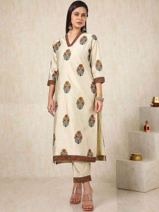 Dhiyona SO Women's Cream-Coloured Floral Printed V-Neck Regular Kurta With Trousers