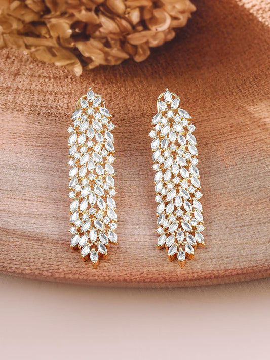 Dhiyona RJ Women's 22K Gold-Plated White Cubic Zirconia Studded Leaf Design Drop Earrings