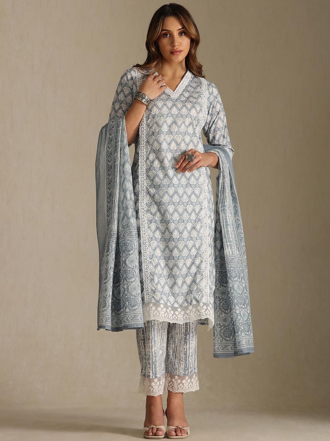 Dhiyona SO Women's Floral Printed Thread Work V-Neck Straight Kurta With Trousers And Dupatta