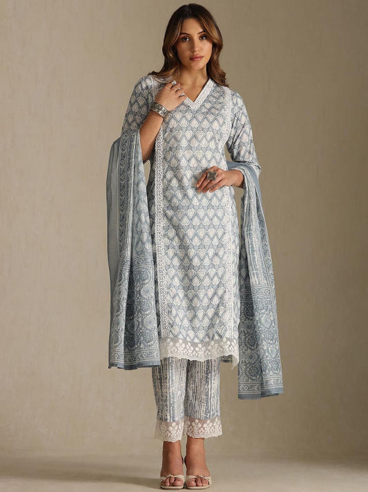 Dhiyona SO Women's Floral Printed Thread Work V-Neck Straight Kurta With Trousers And Dupatta