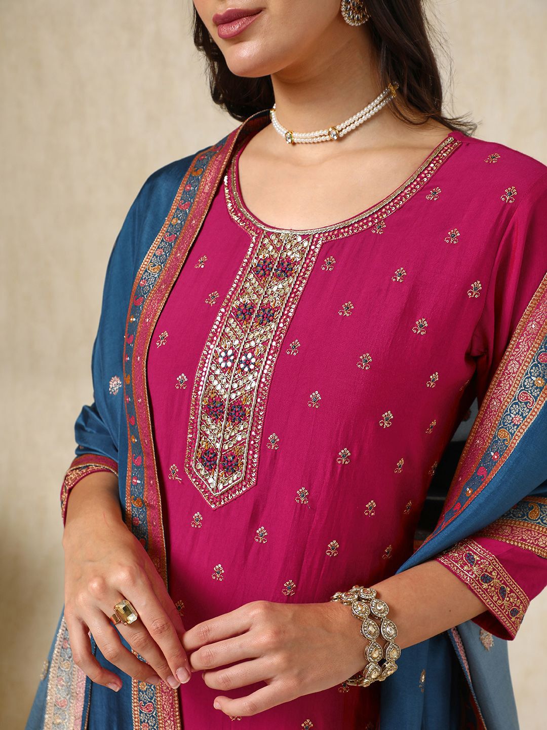 Dhiyona SO Women's Ethnic Motifs Embroidered Zardozi Straight Kurta with Trousers & Dupatta