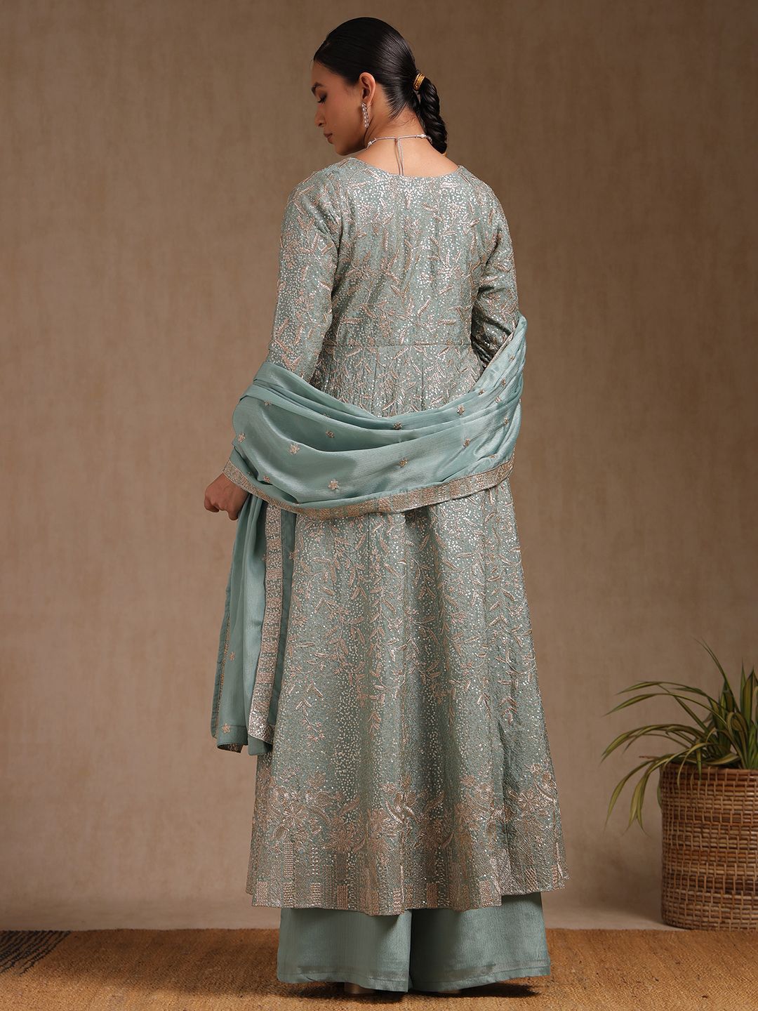 Dhiyona SO Women's Floral Embroidered V-Neck Empire Sequinned Anarkali Kurta With Palazzo & Dupatta