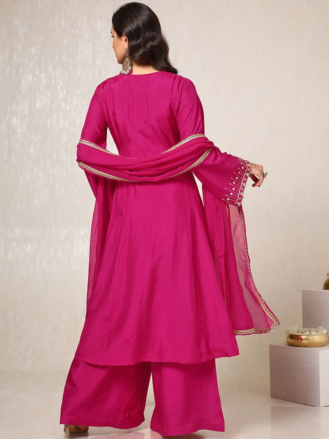 Dhiyona SO Women's Pink Ethnic Motifs Embroidered Mirror Work Dupion Silk Kurta With Palazzos & Dupatta