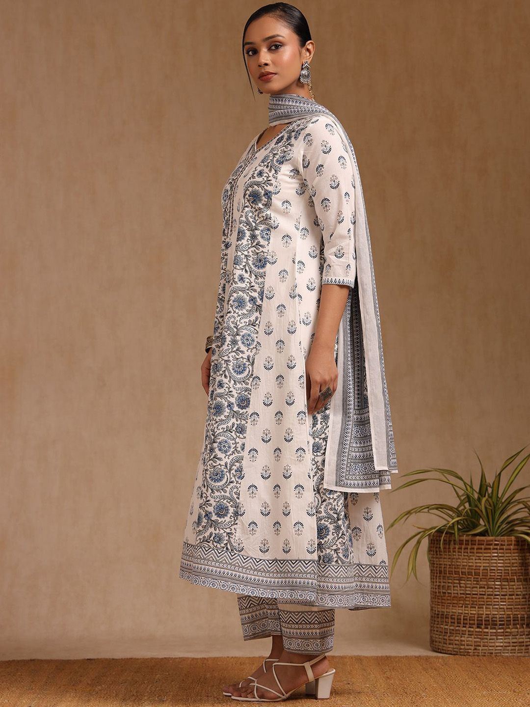 Dhiyona SO Women's Floral Printed irror Work Anarkali Kurta with Trouser & Dupatta