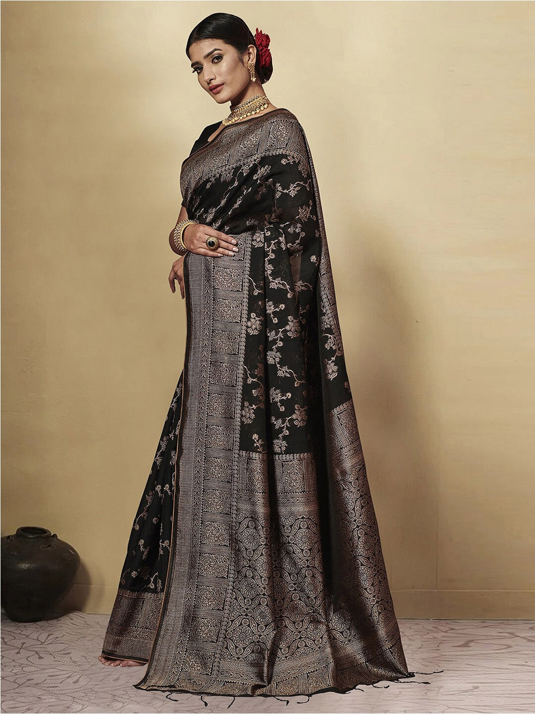 Dhiyona GR Women's GJ Black Berry Soot Black Zari Woven Design Cotton Blend Saree