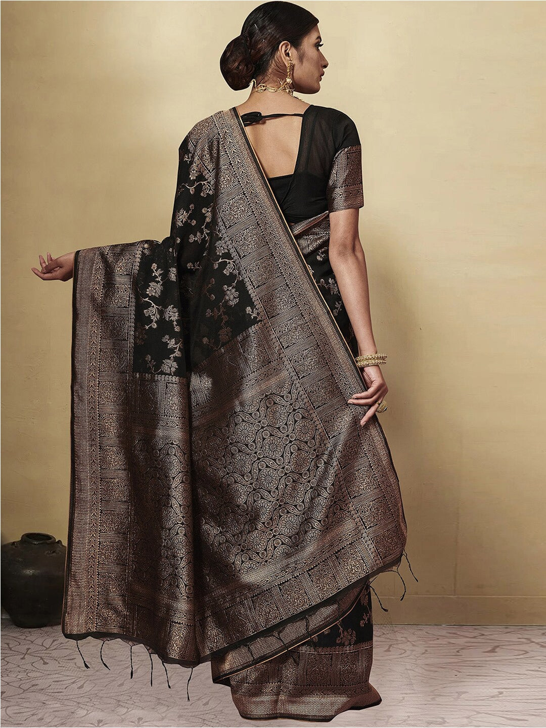 Dhiyona GR Women's GJ Black Berry Soot Black Zari Woven Design Cotton Blend Saree