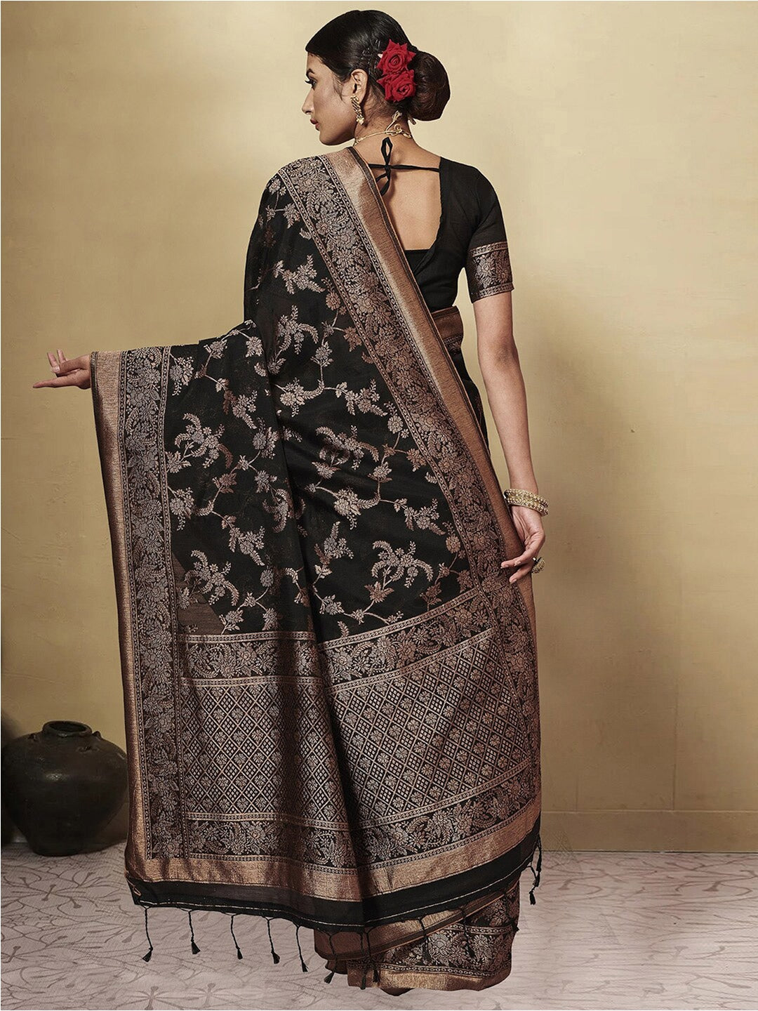Dhiyona GR Women's GJ Black Berry Coal Black Zari Woven Design Cotton Blend Saree