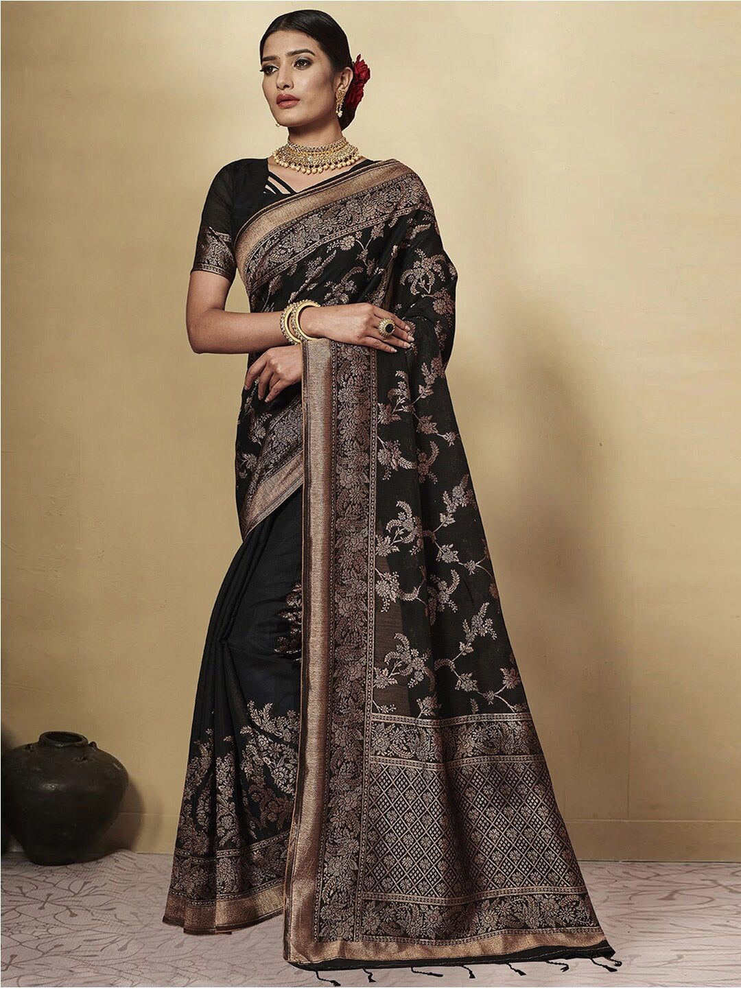 Dhiyona GR Women's GJ Black Berry Coal Black Zari Woven Design Cotton Blend Saree