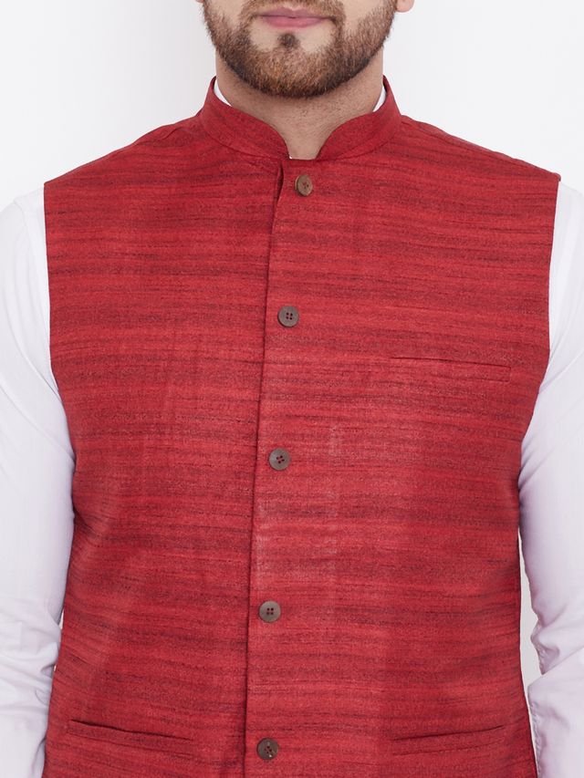 Men's Maroon Silk Blend Straight Nehru Jacket