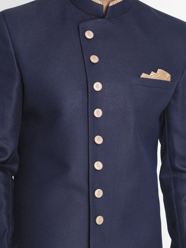 Men's Dark Blue Polyester Lurex Blend Straight Sherwani Set