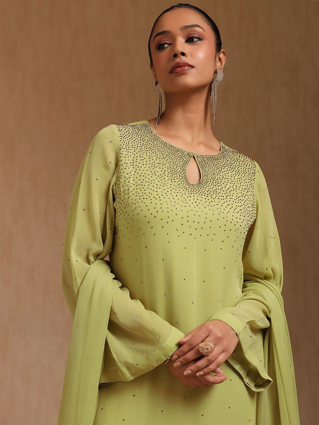 Dhiyona SO Women's Ethnic Motifs Embroidered Beads and Stones Straight Kurta With Palazzos & Dupatta