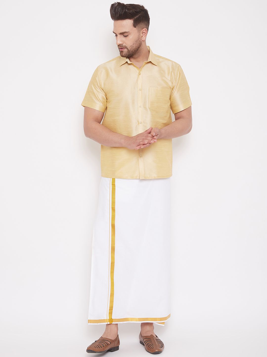 Men's Gold Silk Blend Straight Ethnic Shirt