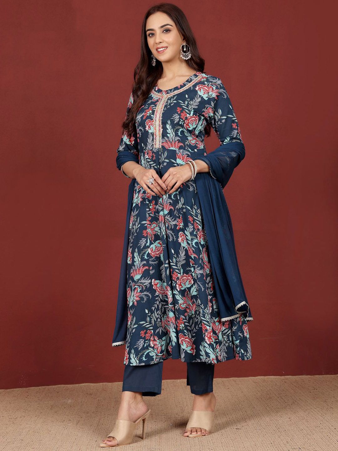Dhiyona VA Women's Floral Printed Regular Pure Cotton Kurta, Trousers with Dupatta