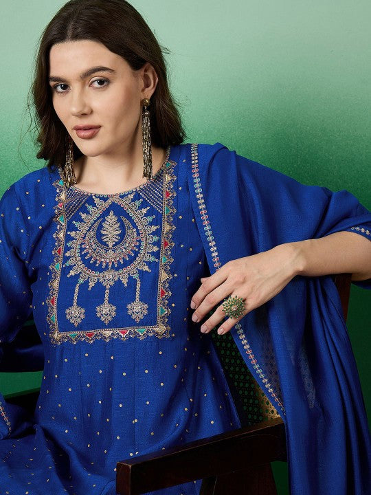 Women's Blue floral Embroidered A-Line Kurta & Trousers With Dupatta