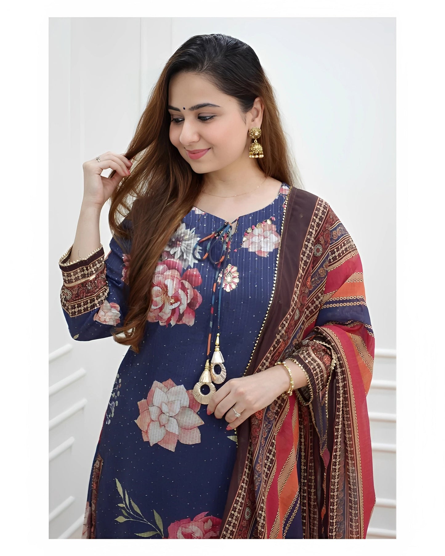 Women Blue Printed Viscose Rayon Kurta, Sharara And Dupatta Set