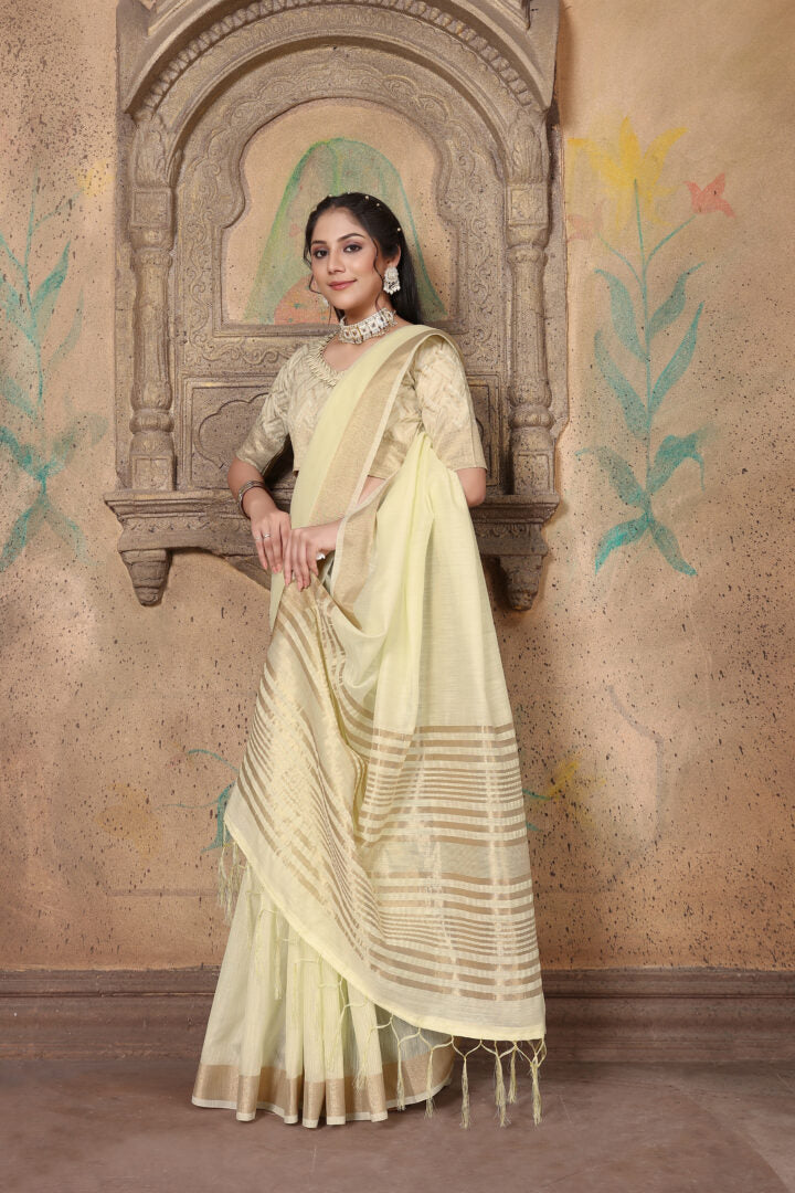 Dhiyona GR Women's Canvas Atrium White Soft Linen Solid Woven Saree