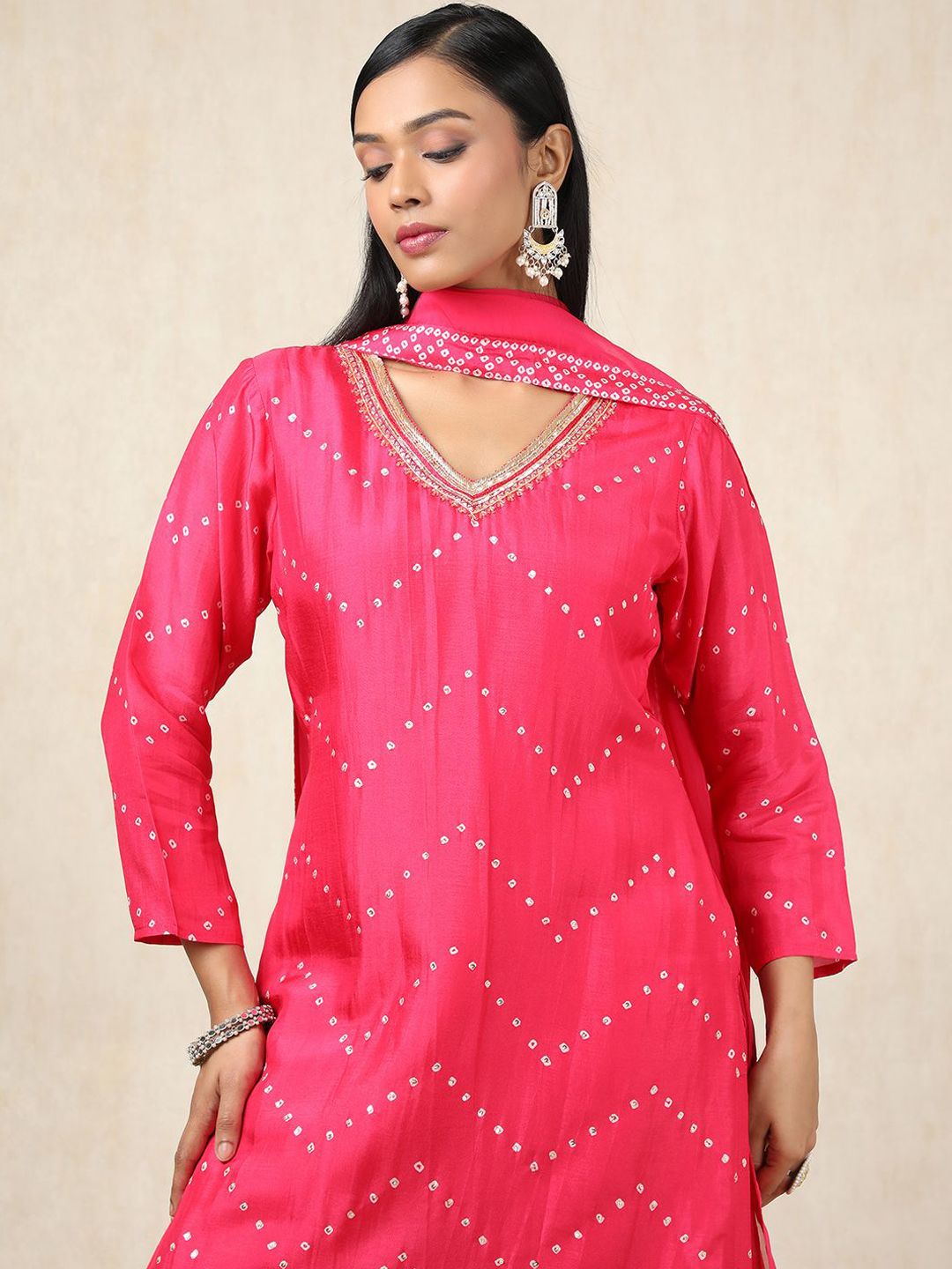 Dhiyona SO Women's Bandhani Printed V-Neck Sequinned Straight Kurta With Palazzos & Dupatta