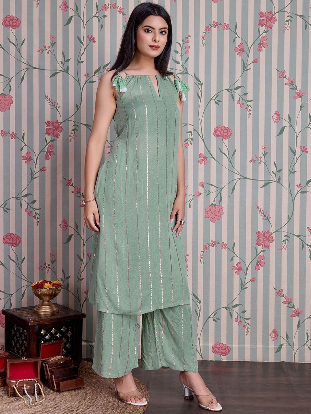 Dhiyona OD Striped Straight Kurta with Palazzos