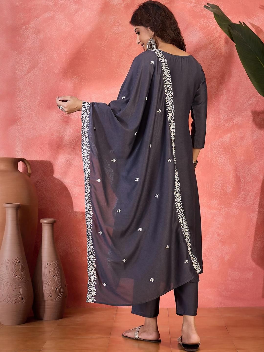 Dhiyona SN Women's Floral Yoke Design Thread Work A-Line Kurta With Trouser And Dupatta