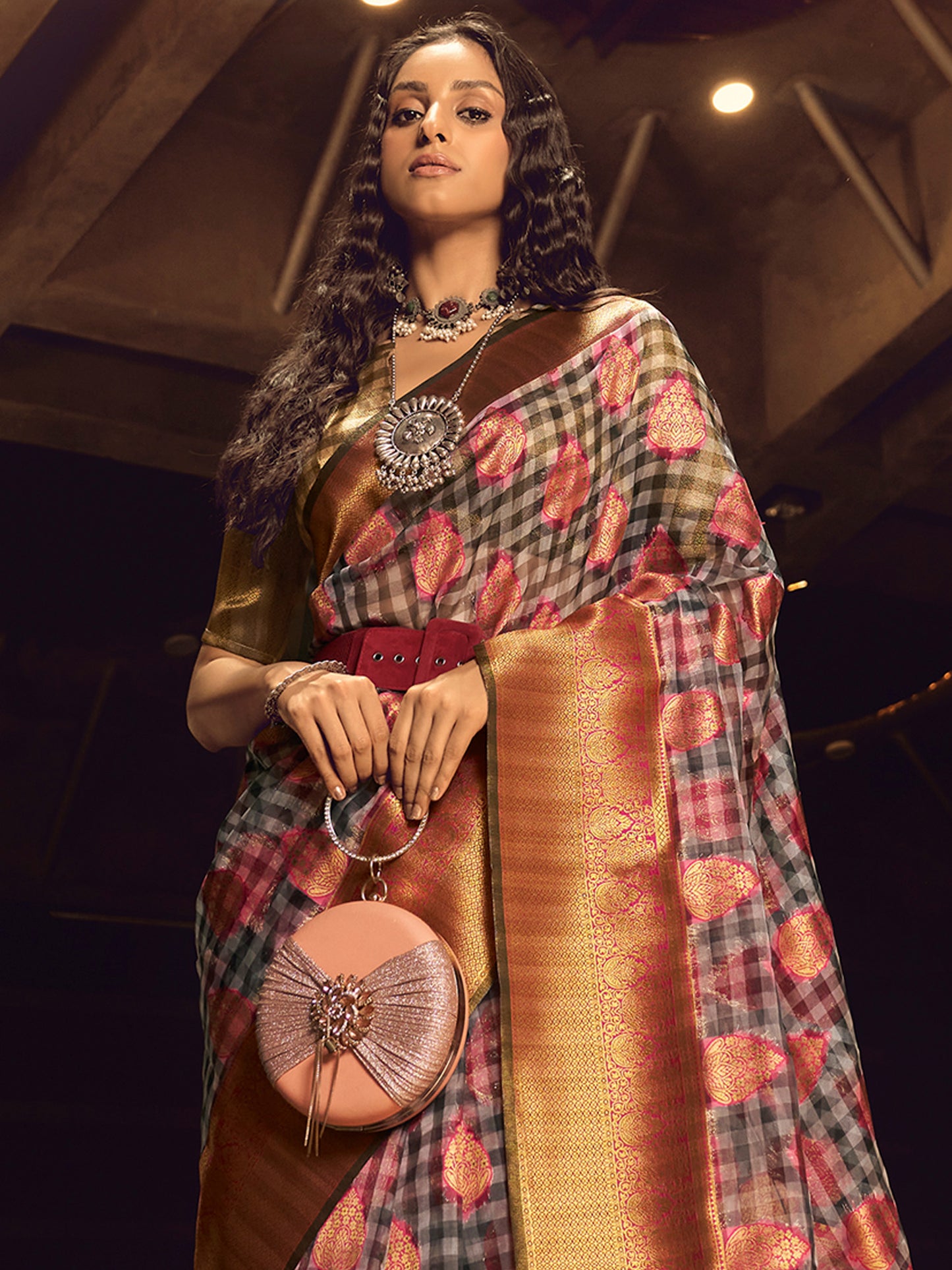Women's Organza Grey Woven Design Designer Saree With Blouse Piece