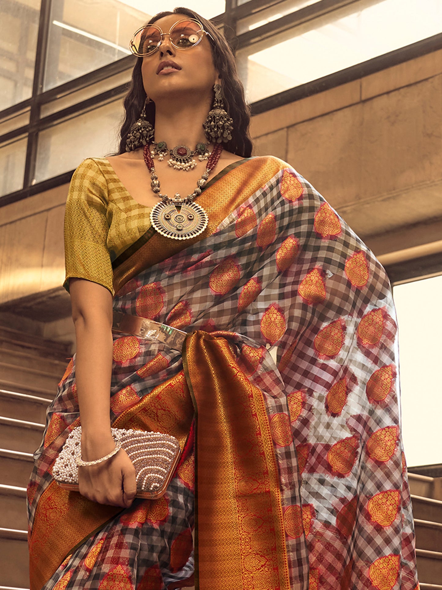 Women's Organza Grey Woven Design Designer Saree With Blouse Piece
