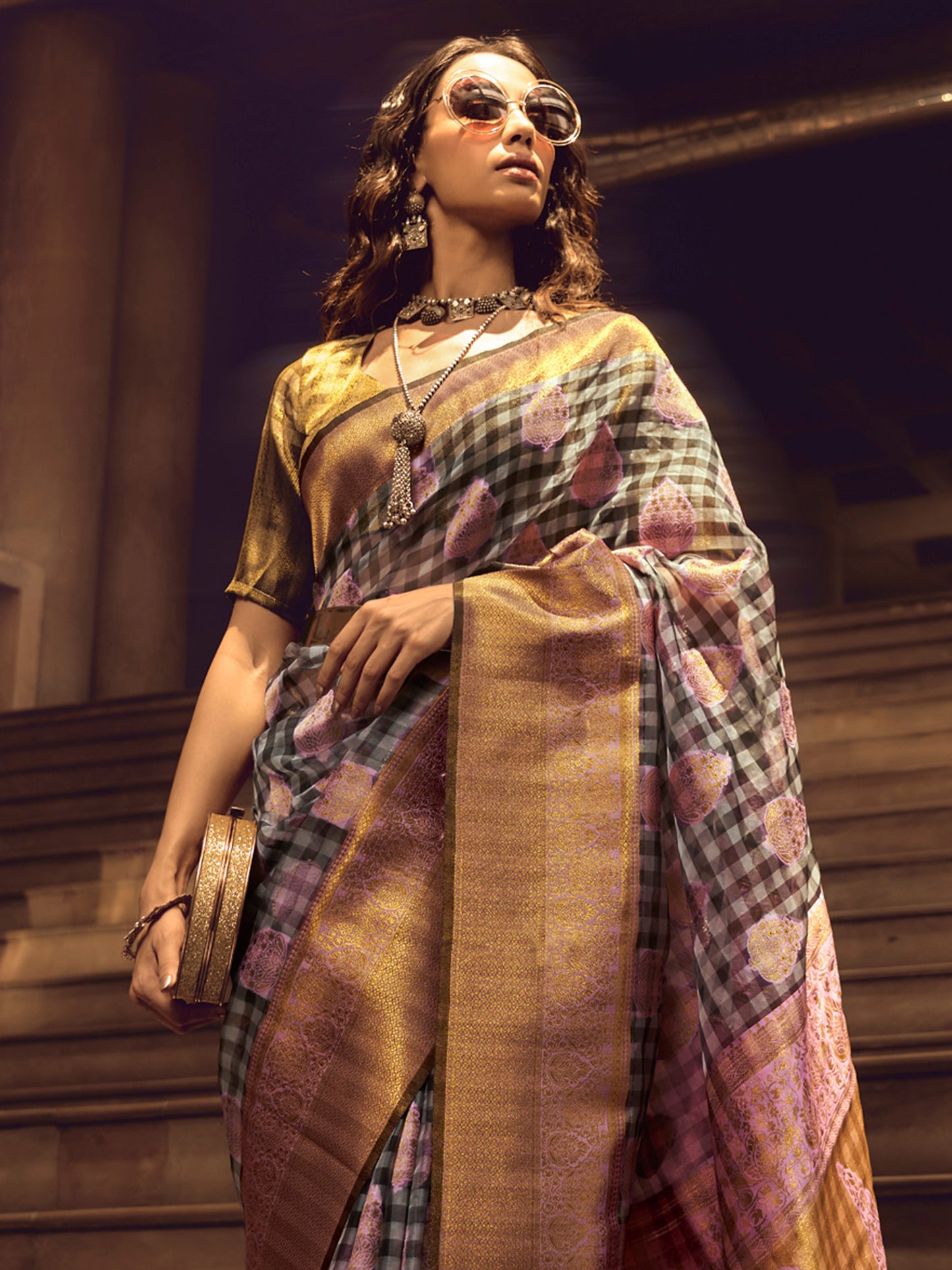 Women's Organza Grey Woven Design Designer Saree With Blouse Piece