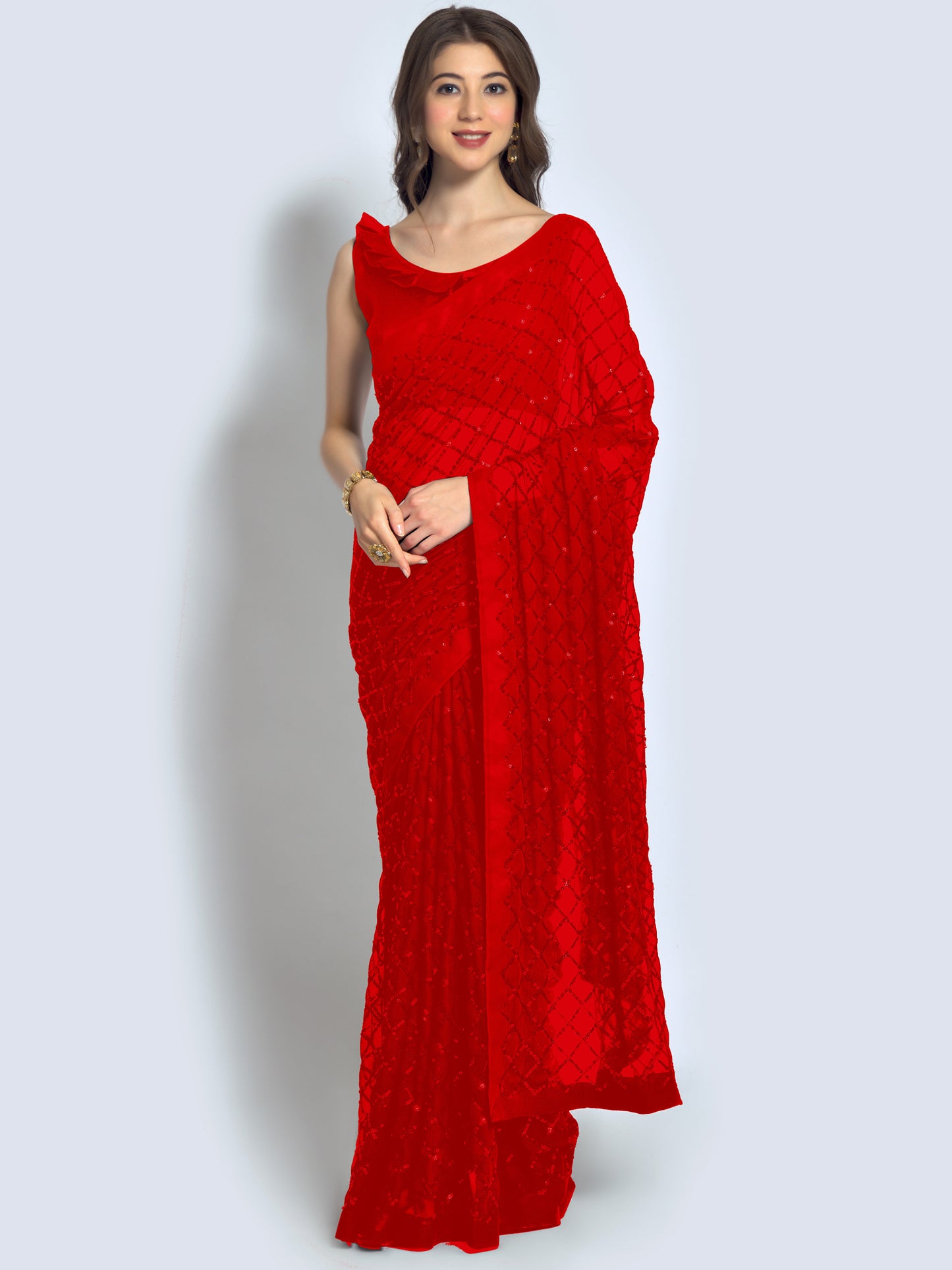 Women's Georgette Red Embellished Designer Saree With Blouse Piece