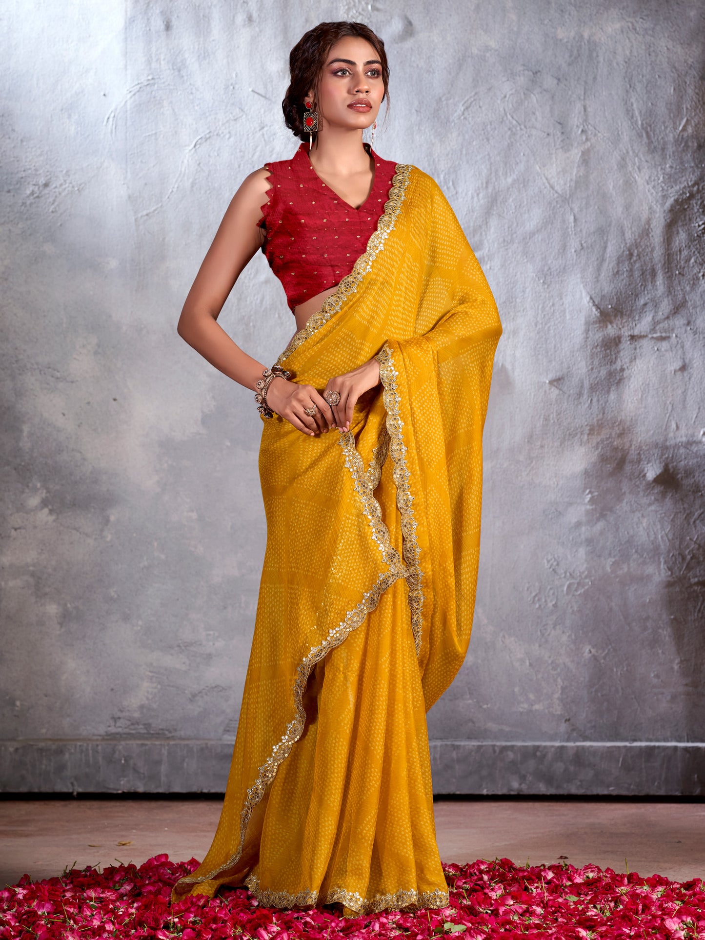 Women's Chiffon Yellow Embellished Designer Saree With Blouse Piece