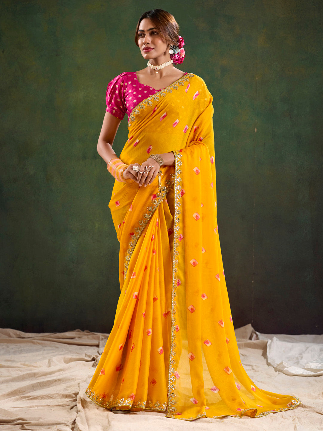 Women's Pure Chiffon Pink Embellished Designer Saree With Blouse Piece