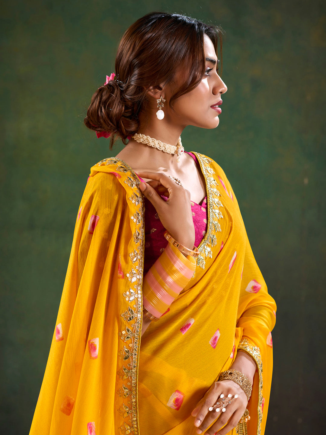 Women's Pure Chiffon Pink Embellished Designer Saree With Blouse Piece