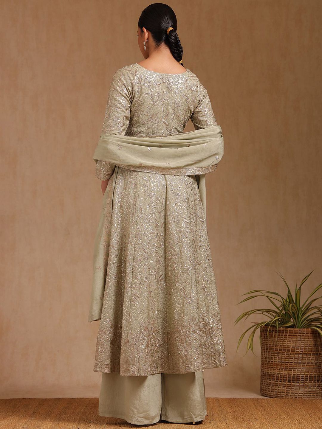 Dhiyona SO Women's Alina Cut Floral Embroidered Empire Sequinned Anarkali Kurta With Palazzo & Dupatta
