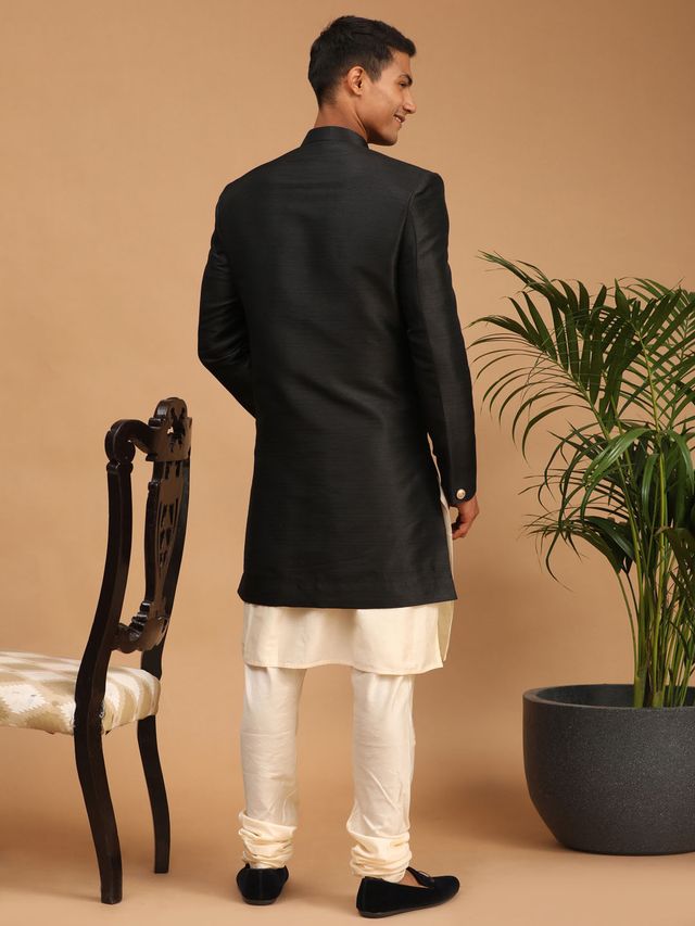 Men's Cream Viscose Straight Sherwani Set