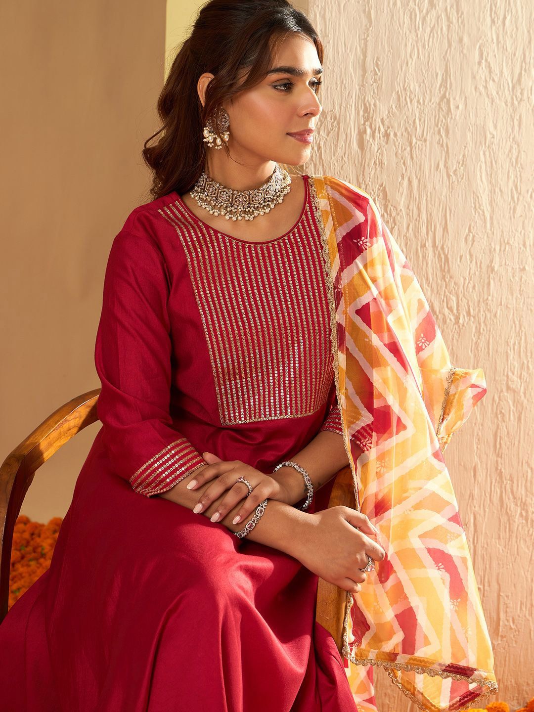 Chevron Embroidered Sequinned Liva A-Line Kurta With Trousers & With Dupatta